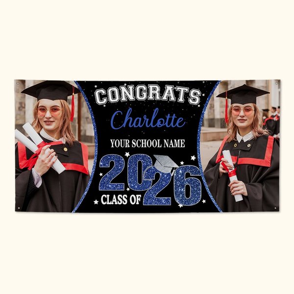 Personalizado Multicolor Congrats Glitter Clase De 2026 Fotos de Graduación Banner con Nombre y Nombre de la Escuela Regalo para Graduados