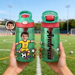 Bouteille d'eau 475 ml personnalisée avec nom et portrait photo - Thème de fooball - Cadeau d'anniversaire pour garçons filles amateurs de football
