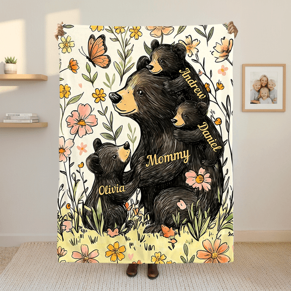 Personalized Flower Cute Mom Bear and 1-5 Baby Bears Soft Throw Blanket with Names Room Decor Mother's Day Gift for Mom