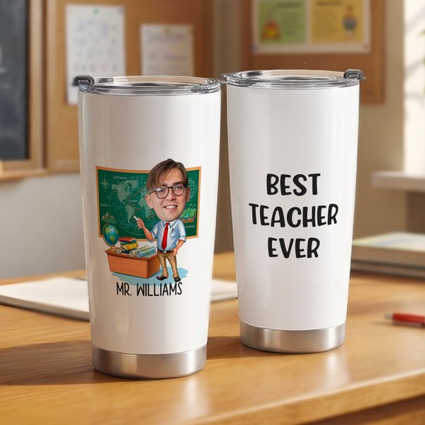 Personalised Multicolour Cartoon Teacher Character Photo 20 oz Tumbler with Name Teacher's Day Thanksgiving Day Birthday Gift for Male Teacher