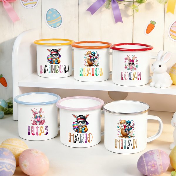 Personalised Cute Sunglasses Rabbit 12 oz Enamel Mug with Name Birthday Easter Party Gift for Kids