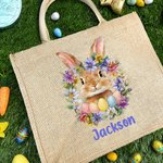 Personalised Cute Easter Bunny Birth Flower Large Capacity Jute Tote Bag with Name Daily Use Easter Gift for Friends Kids