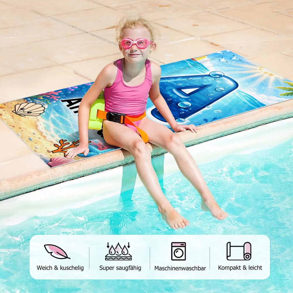 Personalisiertes Strandtuch mit Wassereffekt-Initiale | Meerestiermotiv | in Übergröße erhältlich | Sommerausflug Geburtstag Geschenk für Kinder 9