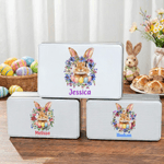 Personalised Cute Bunny Birth Flower Wreath Easter Biscuit Tin Box with Name Easter Party Gift for Children