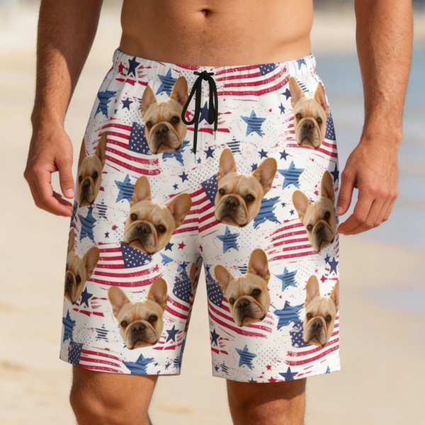 Personlig 1-5 Ansiktsfoto Amerikansk Flagga Snabbtorkande Badbyxor Strandshorts med Meshfoder Independence Day Strandfest Present för Män