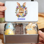 Conejito de Pascua Personalizado Flor de Nacimiento Corona de Pascua Biscuit Caja de Lata con Nombre Pascua Fiesta Regalo para Niños