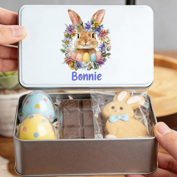 Personalized Cute Bunny Birth Flower Wreath Easter Biscuit Tin Box with Name Easter Party Gift for Children