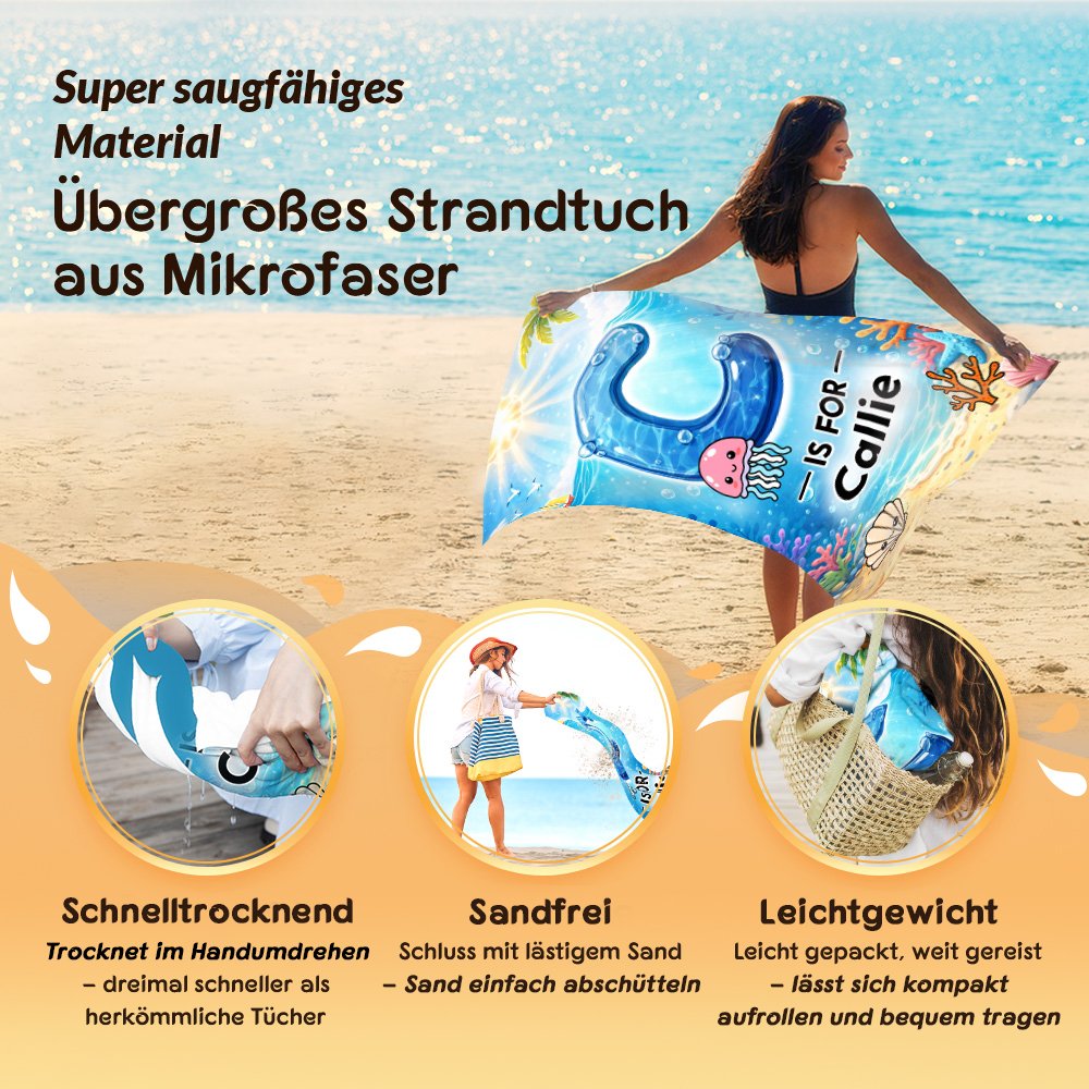 Personalisiertes Strandtuch mit Wassereffekt-Initiale | Meerestiermotiv | in Übergröße erhältlich | Sommerausflug Geburtstag Geschenk für Kinder 11