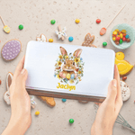 Personalised Cute Bunny Birth Flower Wreath Easter Biscuit Tin Box with Name Easter Party Gift for Children