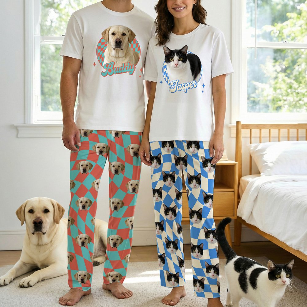 Personalizado colorido Plaid Face Foto Adulto Pijama Set con Nombre Daily Wear Aniversario Cumpleaños Regalo para Pareja Pet Lover