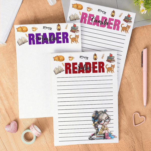 Personalised Cartoon Reading Girl Character Notepad with 40/80 Pages Name and Text Daily Diary Birthday Gift for Girls Students
