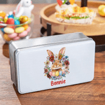 Personalised Cute Bunny Birth Flower Wreath Easter Biscuit Tin Box with Name Easter Party Gift for Children