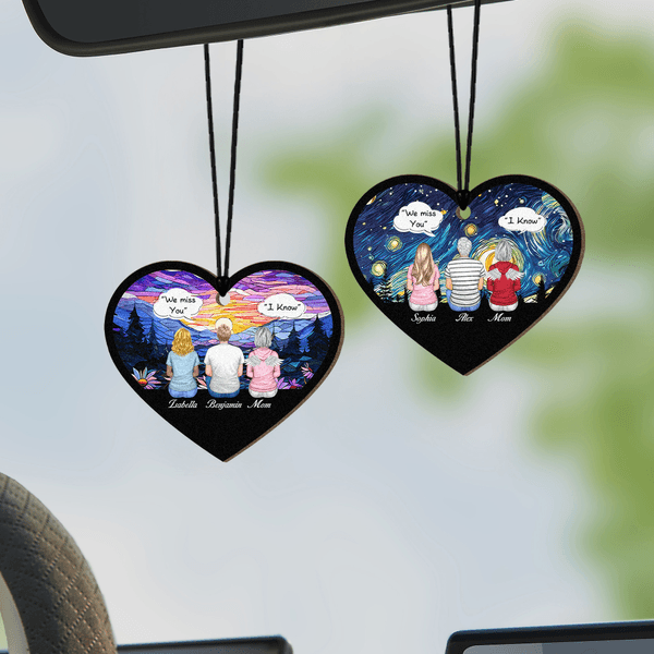 Personalized Heart Shape Memorial Car Rearview Mirror Ornament Family Cartoon Characters with Name Car Decoration Birthday Gift for Parents Loved Ones