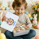 Personalised Cute Bunny Birth Flower Wreath Easter Biscuit Tin Box with Name Easter Party Gift for Children