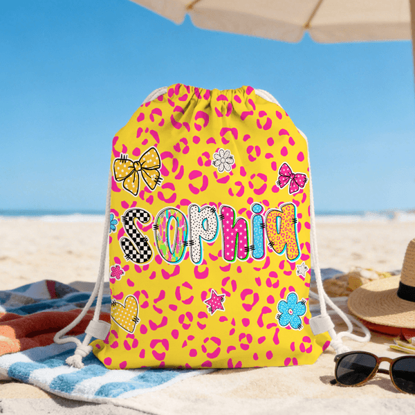 Bolsa de cordón con nombre personalizada con diseño de leopardo a cuadros Actividades al aire libre Fiesta en la playa Regalo de cumpleaños para mujeres Amigas Familia