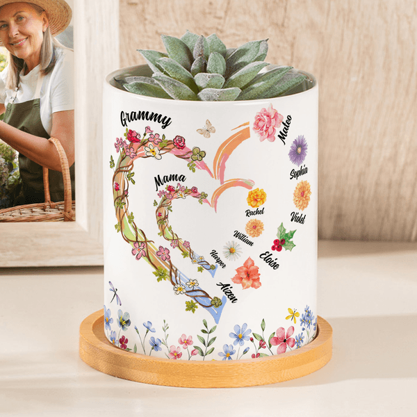 Personalised Watercolor Birth Flower Butterfly Love Heart Ceramic Flower Pot with Name Mother's Day Birthday Gift for Grandma Mom