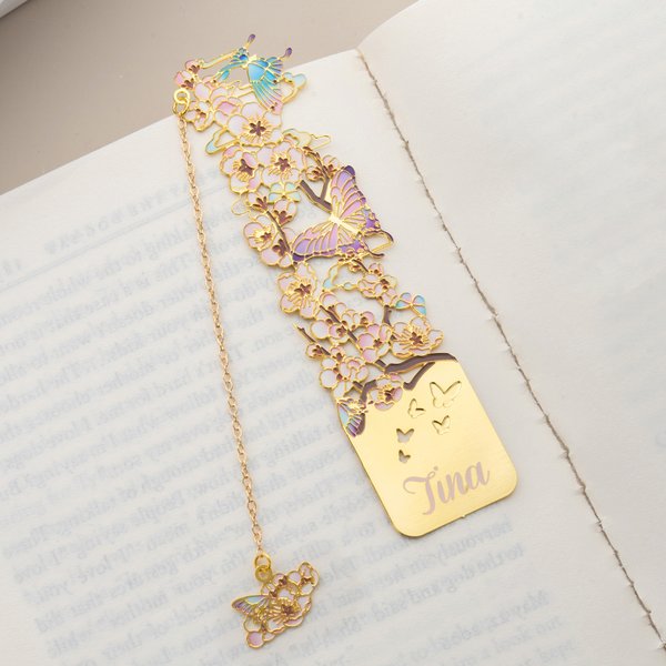 Personalized Birth Flower Butterfly Gold Metal Bookmark with Text and Decorative Chain Daily Use Birthday Gift for Women Book Lovers