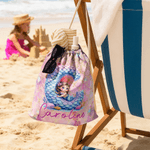 Personalized Cartoon Mermaid Initial Drawstring Bag with Name and Initial Travel Essentials Beach Party Birthday Gift for Girls Ocean Theme Lovers