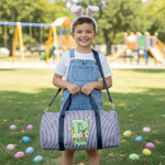 Borsa da viaggio di grande capacità personalizzata con nome e tracolla, con effetto fluff dell'uovo di Pasqua del coniglietto, iniziale a strisce, regalo di viaggio di Pasqua per i bambini