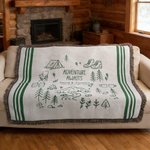 Personalised Line Art Style Moss Green Percy Stripes Adventure Awaits Tassel Soft Throw Blanket with Texts Birthday Camping Gift for Nature Lovers