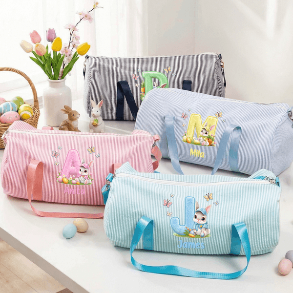 Personalized Cute Bunny Easter Egg Fluff Effect Initial Striped Large Capacity Travel Bag with Name and Shoulder Strap Easter Travel Gift for Kids