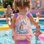 Personalized Cartoon Mermaid Initial Drawstring Bag with Name and Initial Travel Essentials Beach Party Birthday Gift for Girls Ocean Theme Lovers