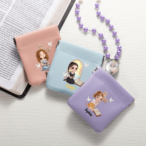 Personalised Cross Bible Book Cartoon Prayer Character PU Leather Rosary Pouch with Name Baptism Confirmation Gift for Christian Woman