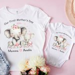 Personligt set 100 % bomull T-shirt och babybody med namn och texten Our First Mother's Day present till mamma och barn