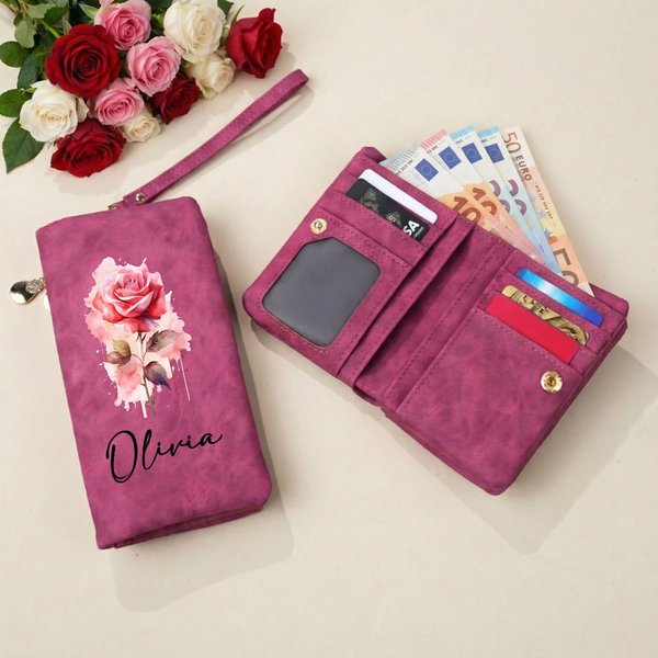 Personalisierte Geburtsblume-Geldbörse aus PU-Leder | mit Handschlaufe | dreifach mit Reißverschluss | Muttertag Geburtstag Geschenk für Frauen