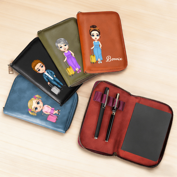 Personalized Cartoon Travel Character PU Leather Notebook Set with Pen Holder Trip Planner Daily Use Birthday Gift for Travel Lovers