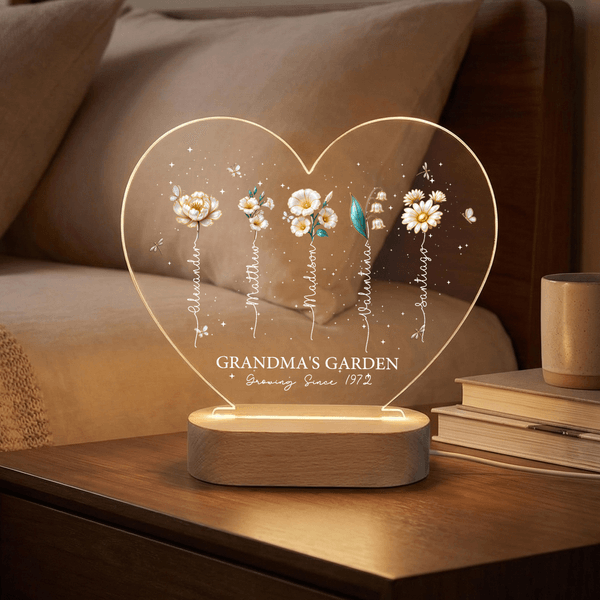 Personlig födelseblomma hjärtformad akryl LED-nattlampa med namn och träbas Mors dag Födelsedagspresent till mamma mormor