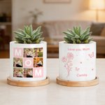 Spersonalizowana ceramiczna doniczka na kwiaty z imieniem i bambusową tacą na Dzień Matki, prezent urodzinowy dla mamy i babci z 6 zdjęciami