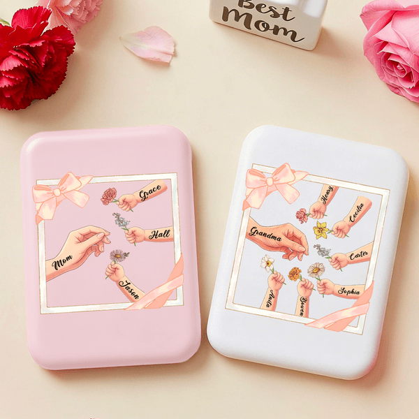 Personalized Hand Birth Flower Double-Sided Makeup Mirror with Name and LED Light Mother's Day Birthday Gift for Mom Grandma