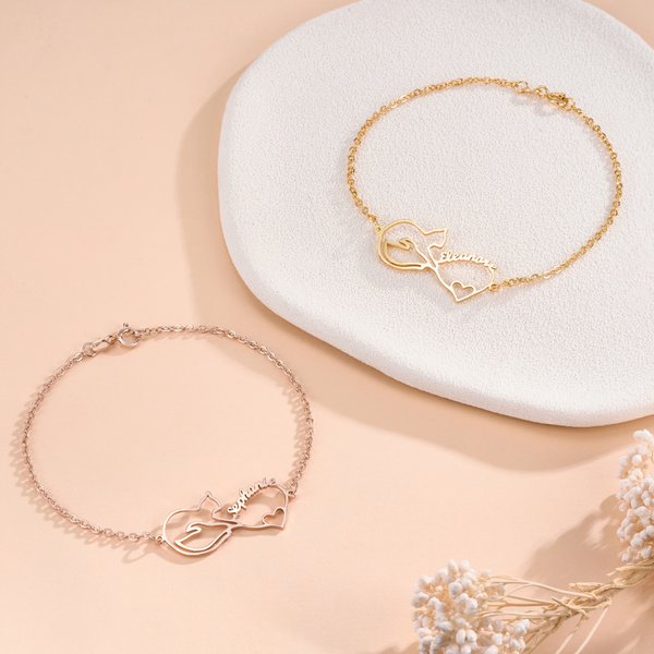 Personalized Mobius Infinity Cat Heart Shaped Bracelet with Name Elegant Jewellery Daily Wear Birthday Anniversary Gift for Cat Lovers