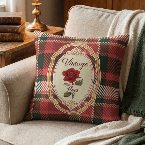 Personalised Vintage Plaid Birth Flower Soft Cushion Cover with Name Home Decoration Mother's Day Gift for Mom Woman