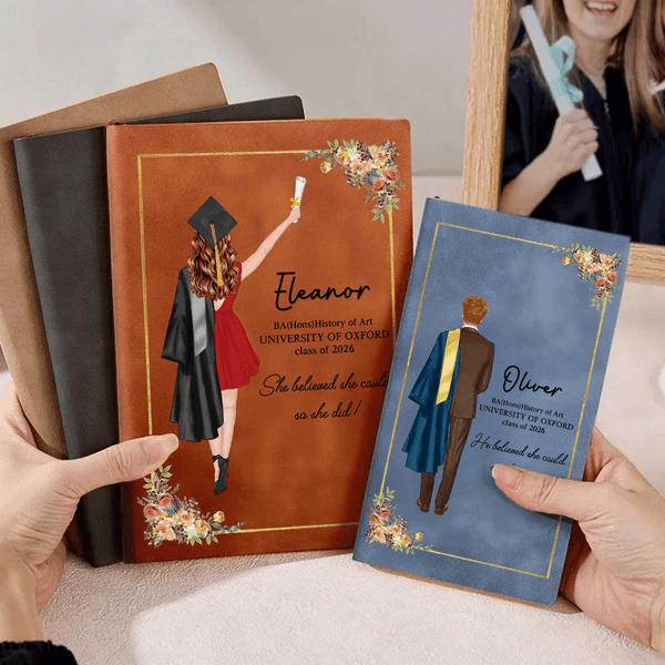 Personalised Cartoon Graduate Character Name A5 A6 PU Leather Notebook with Year and School Graduation Gift for 2026 Graduates