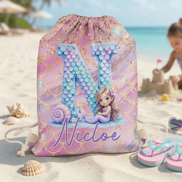 Personalized Cartoon Mermaid Initial Drawstring Bag with Name Travel Essentials Beach Party Birthday Gift for Girls Ocean Theme Lovers