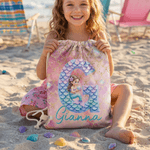Personalized Cartoon Mermaid Initial Drawstring Bag with Name and Initial Travel Essentials Beach Party Birthday Gift for Girls Ocean Theme Lovers