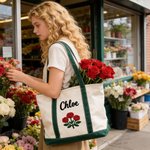 Personalized Rose Embroidered Name Large Capacity Tote Bag with Title and Year Daily Use Birthday Mother's Day Gift for Woman Mom