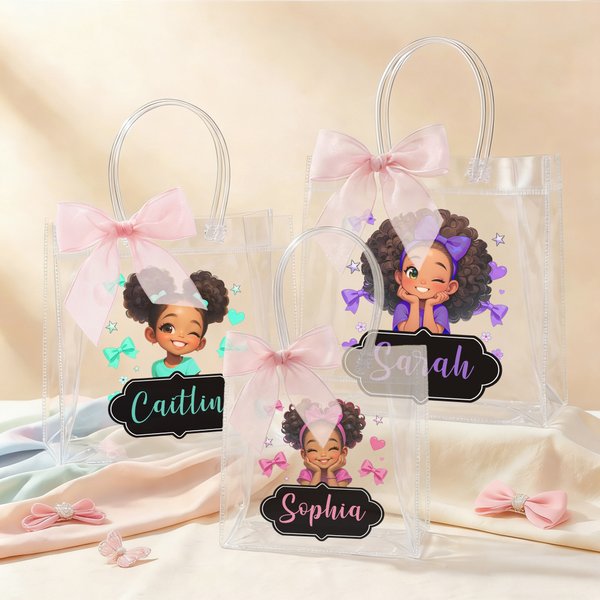 Personalized Cute Cartoon Little Girl Clear Gift Bag with Name and Ribbon Birthday Gift for Black Girl