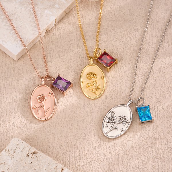 Personalized Retro Birth Flower Birthstone Necklace Dainty Jewellery Mother's Day Birthday Anniversary Gift for Mom Grandmom Women