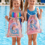 Personalized Cartoon Mermaid Initial Drawstring Bag with Name and Initial Travel Essentials Beach Party Birthday Gift for Girls Ocean Theme Lovers