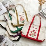 Personalised Birth Flower Multicolour Canvas Tote Bag with Name Anniversary Birthday Bridal Shower Gift for Women Bridesmaids