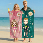Serviette de plage personnalisée avec personnage de dessin animé et fleur de naissance - Cadeau d'anniversaire pour les amis