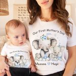 Personligt set 100 % bomull T-shirt och babybody med namn och texten Our First Mother's Day present till mamma och barn