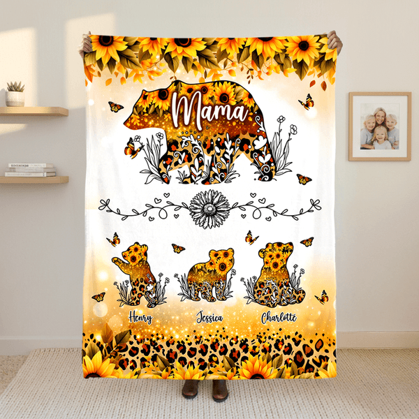 Personalized Sunflower Leopard Watercolour Mama Bear and 1-6 Baby Bears Soft Throw Blanket with Names Home Decor Mother's Day Gift for Mom Grandma