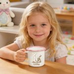 Personlig emaljmugg för barn med kanin och blommor 355 ml söt påskpresent med namn och initial