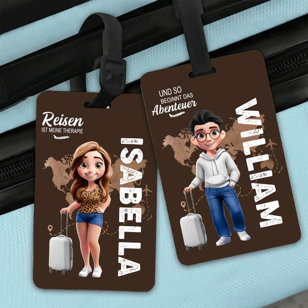 Personalisierter Gepäckanhänger mit Cartoon-Reisefigur | mit Namen Flugzeug- und Kartenmotiv | Reisezubehör | Geburtstag Geschenk für Reiseliebhaber