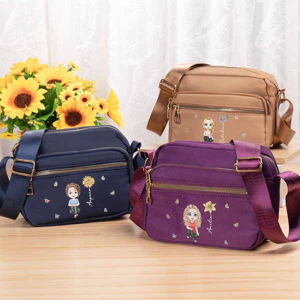Bolso bandolera personalizado de nylon con nombre personaje animado flor de nacimiento y correa ajustable regalo de cumpleaños y Navidad para familia