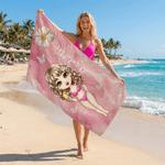 Serviette de plage personnalisée avec personnage de dessin animé et fleur de naissance - Cadeau d'anniversaire pour les amis